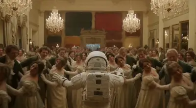 Ein Astronaut geht durch einen surrealen Regency-Tanz in einen Kampf zwischen Ritter und Ninja