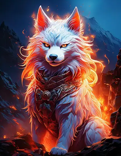 Samurai White Kitsune in Fiery Volcanic Style