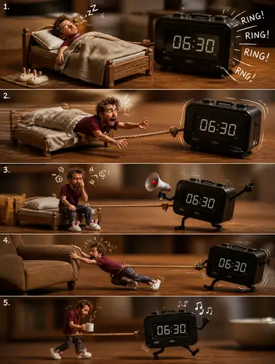 Miniature Tabletop Diorama Comic: Man vs Alarm Clock