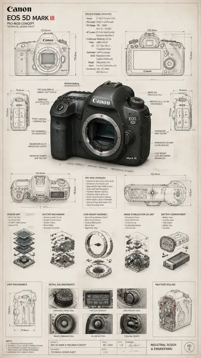 Camera engineering blueprint and 3D render fusion