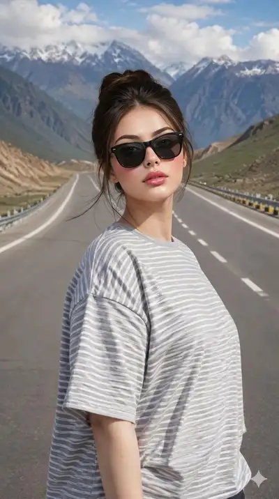 がらんとしたハイウェイでの超写実的ファッションポートレート