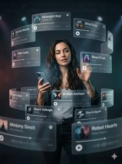 AR-Poster mit schwebenden Glassmorphism-Musik-UI-Karten