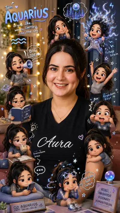 Pôster do zodíaco de Aquário com personagens chibi de células
