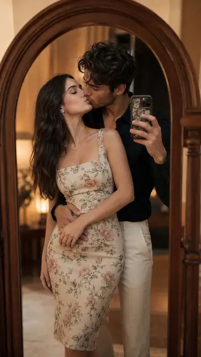 Portrait cinématographique d'un couple s'embrassant en selfie devant un miroir