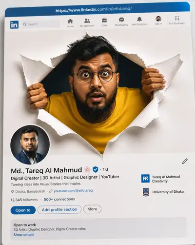 Efeito 3D de rasgo de papel saindo do perfil do LinkedIn