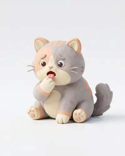 Cute 3D clay-style cat licking paw icon