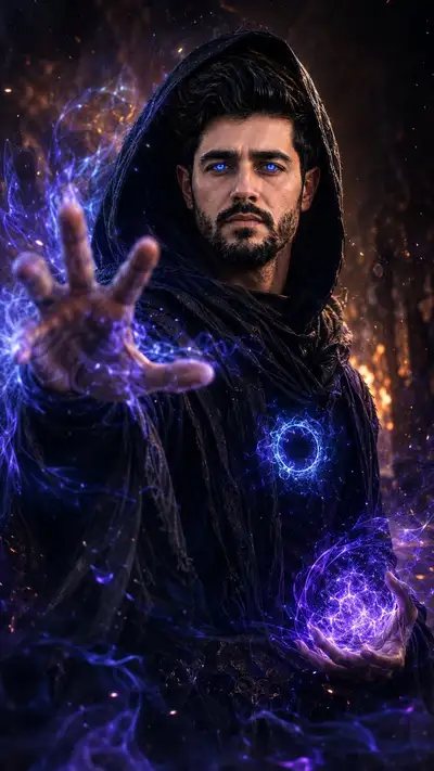 Mystic Sorcerer Portrait with Swirling Energy