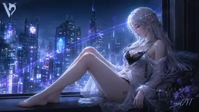 Adult silver-haired woman in cyberpunk city night scene