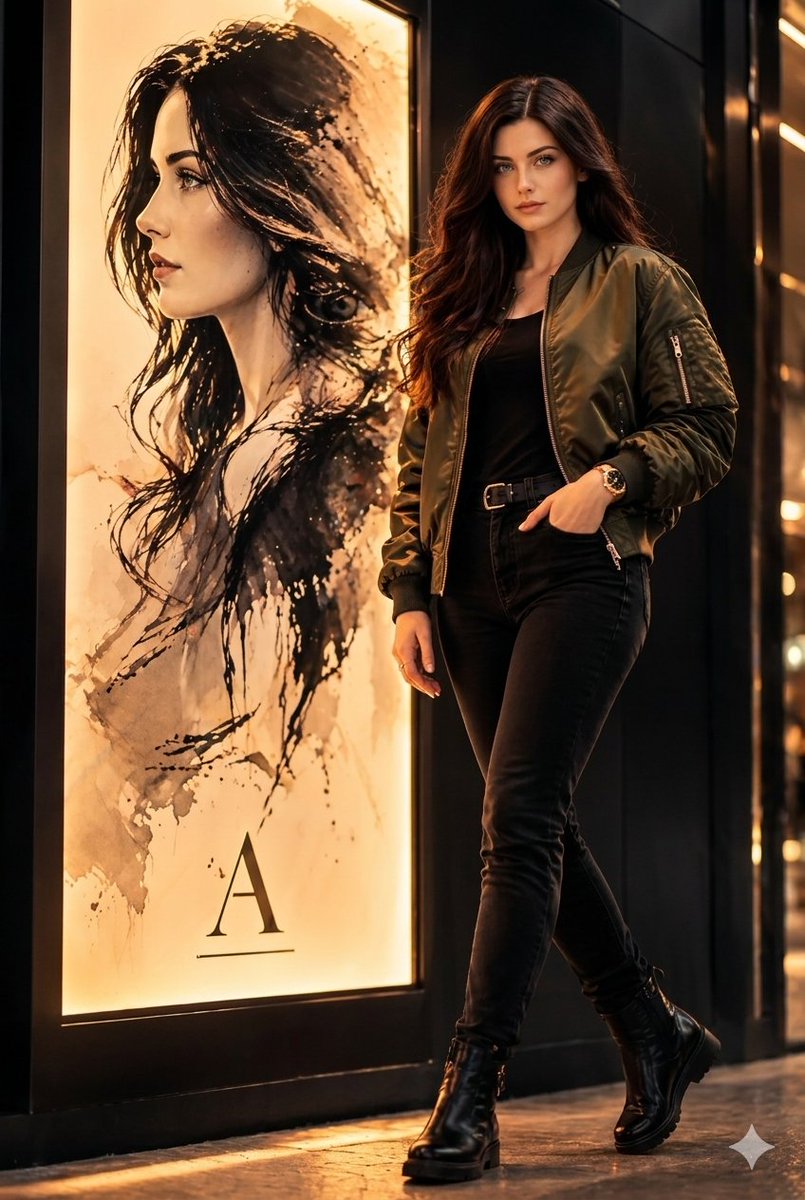 Full-body fashion portrait beside a glowing minimalist light-box