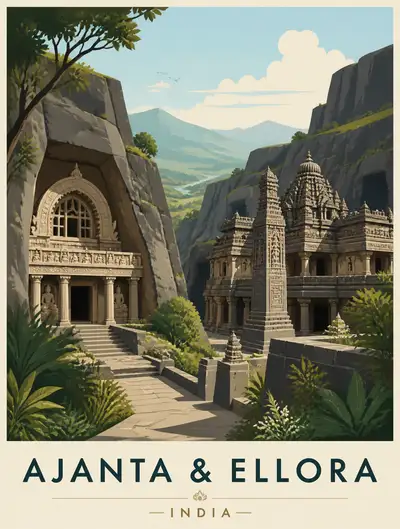 Ajanta and Ellora Caves flat vector travel poster