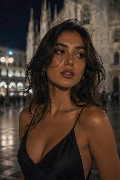 Night Portrait of Italian Model in Milan Cathedral Square