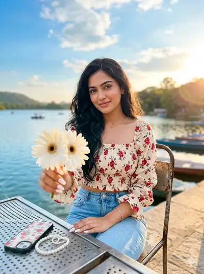 Lakeside Golden Hour Portrait with Daisies
