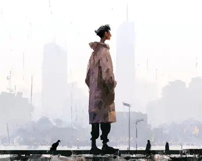 Mujer Solitaria en Ciudad Futurista Después de la Lluvia