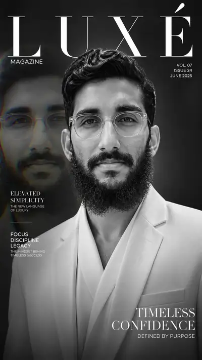 Black and white luxury magazine cover with preserved identity