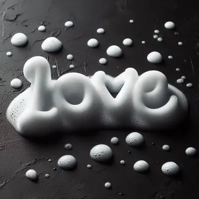 White foam spelling [love] on black surface