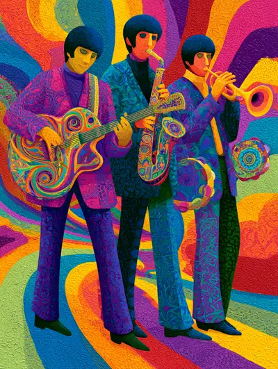 1960s mod trio jamming on a psychedelic pop art road