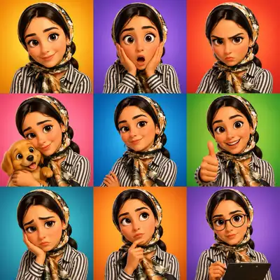 3x3 grid of a Pixar-style 3D cartoon avatar showing emotions