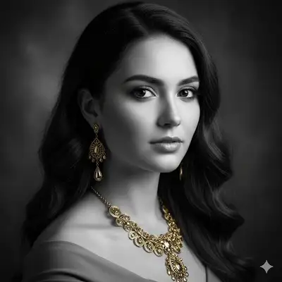 Cinematic Black and White Portrait with Gold Jewelry