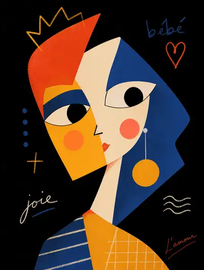 Cubist kawaii vector portrait, Picasso meets minimalist illustration
