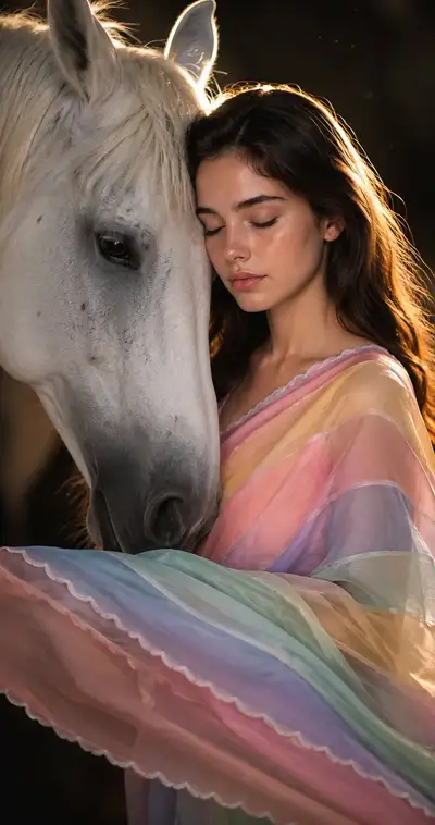 Cinematic Portrait of Woman and White Horse