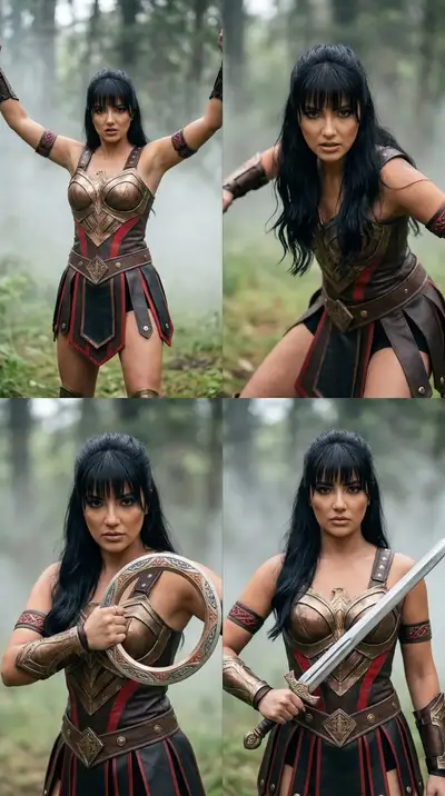 Xena-inspired warrior editorial 2x2 grid