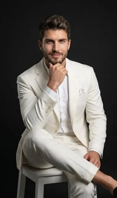 Ultra-realistic studio fashion portrait of a man in white suit