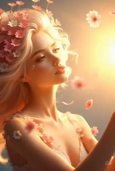 Surreale Frau mit fliessendem Blumenhaar
