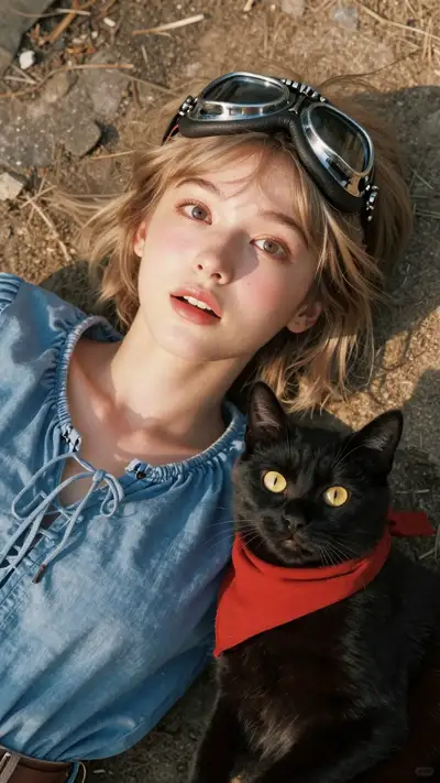 Top-Down Golden Hour Portrait of a Woman and Black Cat