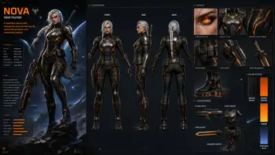 Hoja de diseño de personaje de ciencia ficción: NOVA la cazadora del vacío