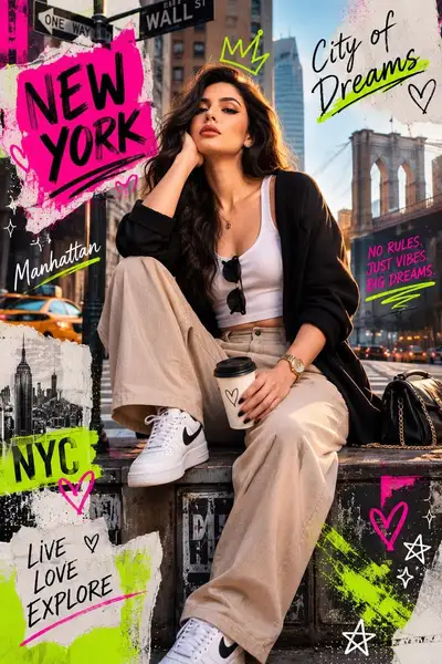Neon mixed-media fashion collage in a New York street setting