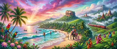 Sri Lanka tourism panoramic illustration, Chinese prompt