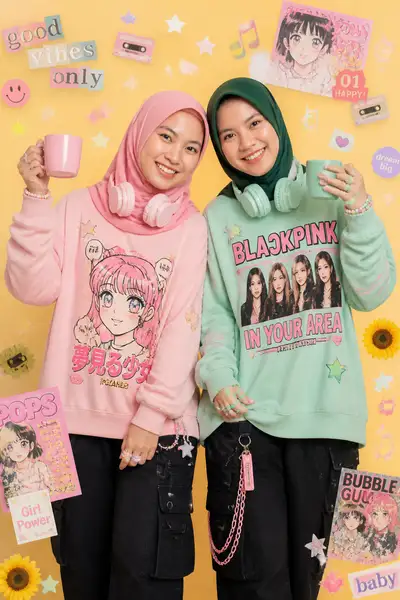Kawaii Harajuku fashion editorial with two hijab-wearing friends