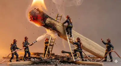 Diorama em miniatura de pequenas pessoas lutando contra um objeto superdimensionado