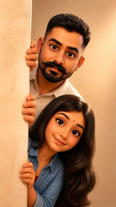 Pixar style couple playfully peeking around a wall