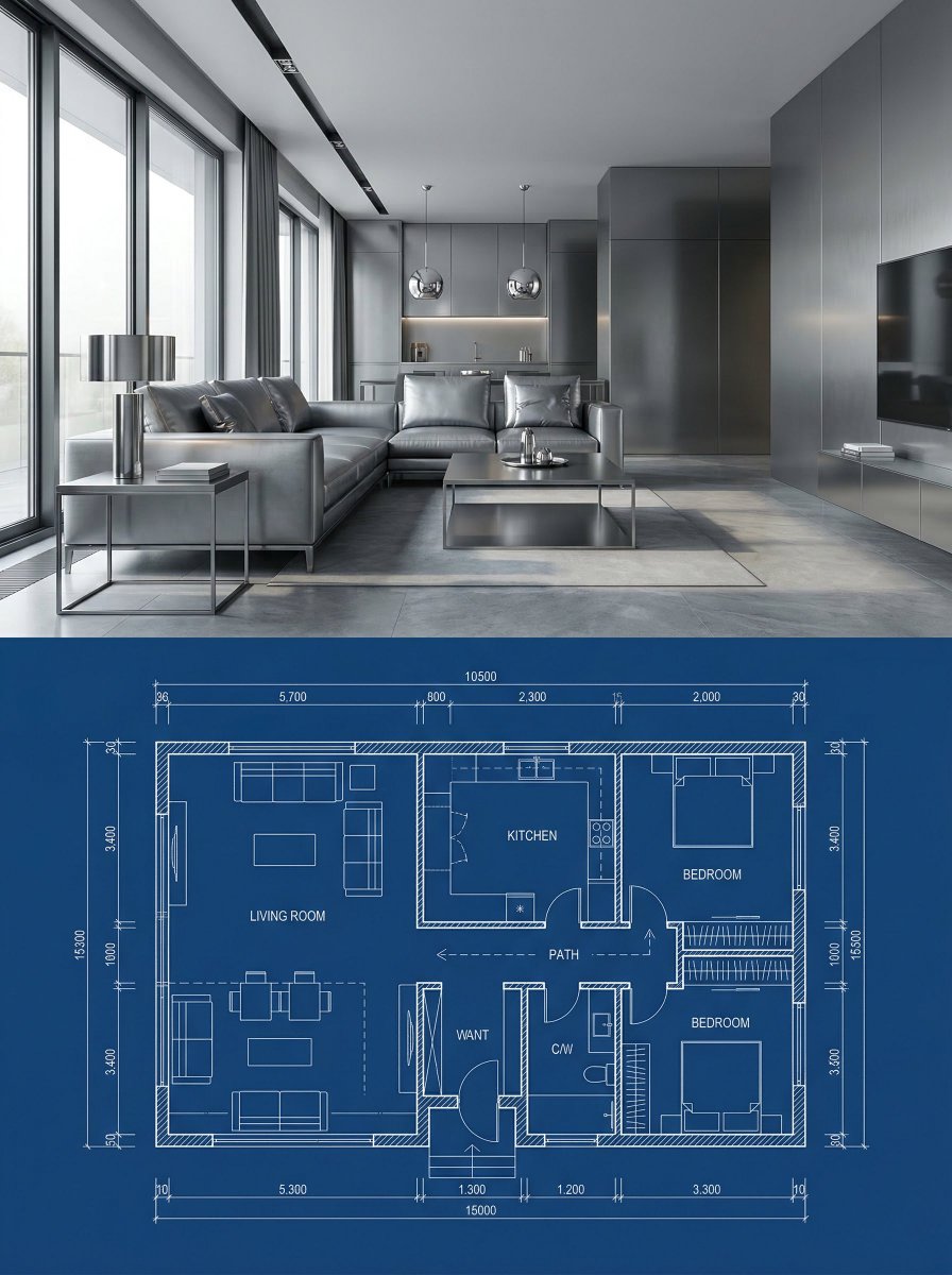 Architectural comparison poster: interior render vs blueprint
