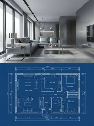 Pôster comparativo arquitetônico: render de interior vs planta baixa