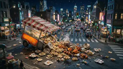 Diorama miniature de rue nocturne en ville avec charrette à nourriture renversée