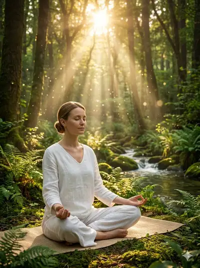 Serene Woman Meditating in Enchanted Forest