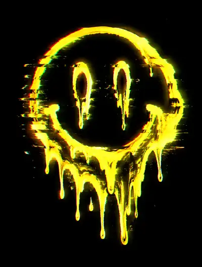 Glitch art melting neon smiley face illustration