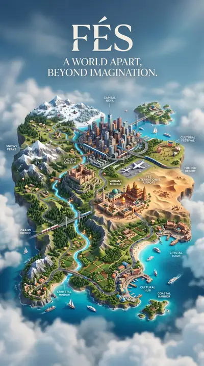 Hyper-detailed floating island world map travel poster
