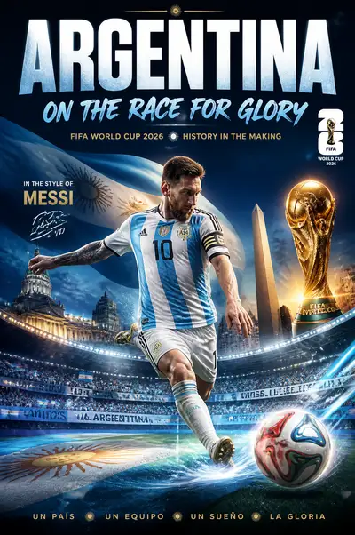Cinematic Argentina World Cup 2026 hero poster featuring Messi