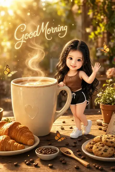 Pixar-style chibi coffee shop good morning scene