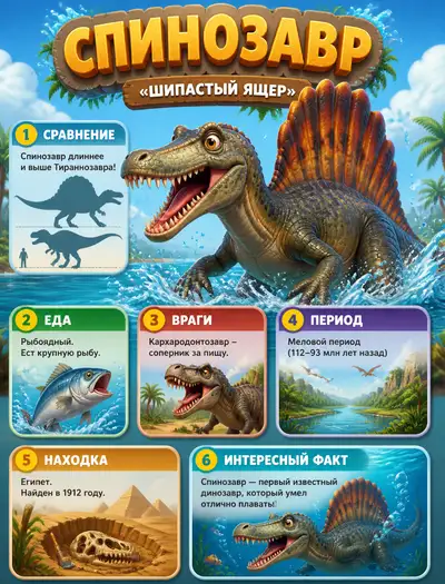 Pixar-style Spinosaurus infographic