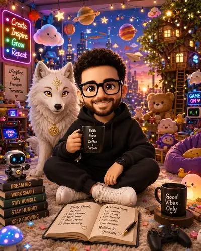 Chibi Man with Spirit Wolf in Dream Room