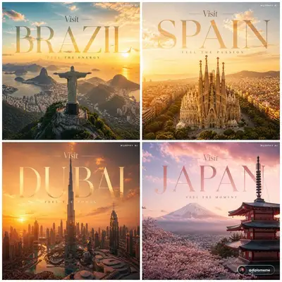Cinematic luxury tourism posters for Spain, Brazil and the UAE