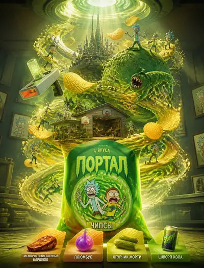 Affiche publicitaire de chips Portal façon Rick and Morty