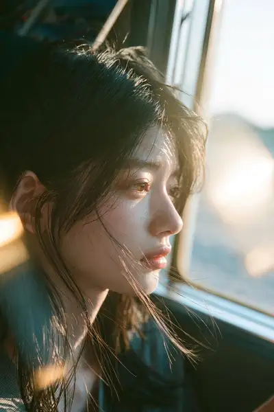 Melancholic golden-hour portrait beside a window