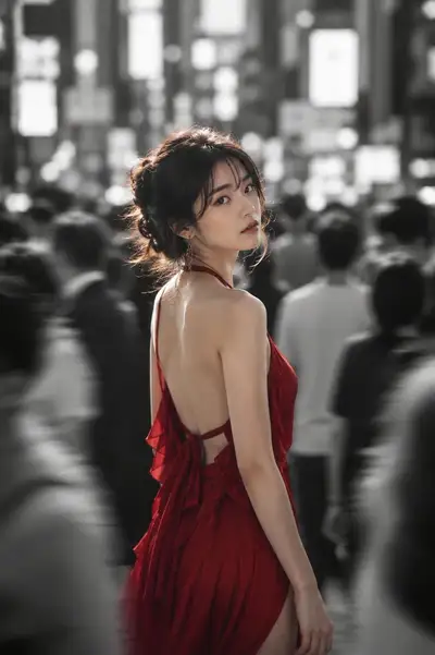 Part-Color Night Street Portrait in a Red Dress