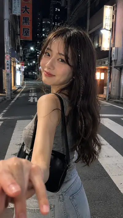 Ungezwungenes Nachtstraßenporträt einer Frau in Japan