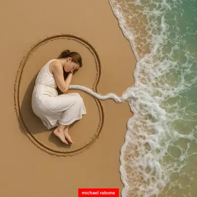 Top-down beach photo of woman in fetal position